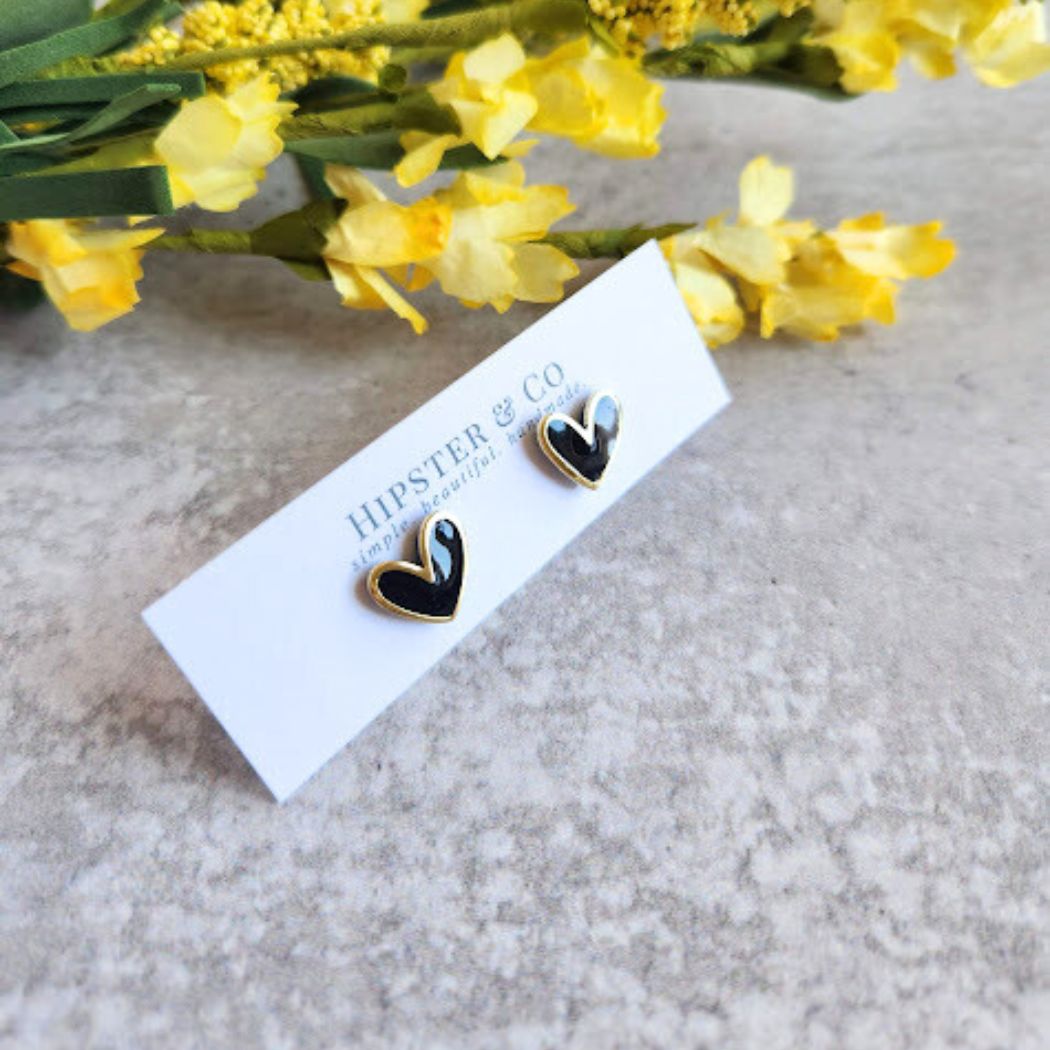 Black Polymer Clay and Brass Stud Earrings