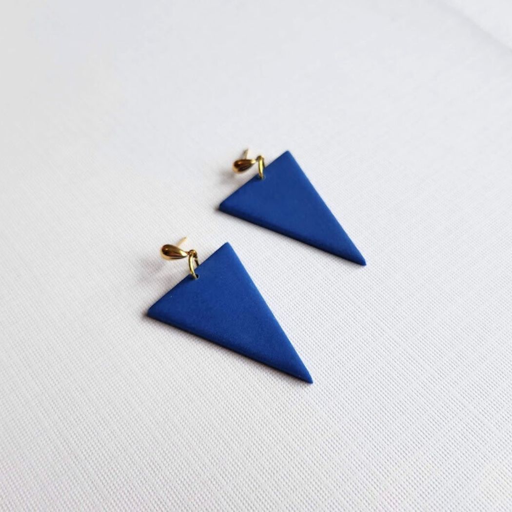 Blue Triangular Polymer Clay Dangle Earrings