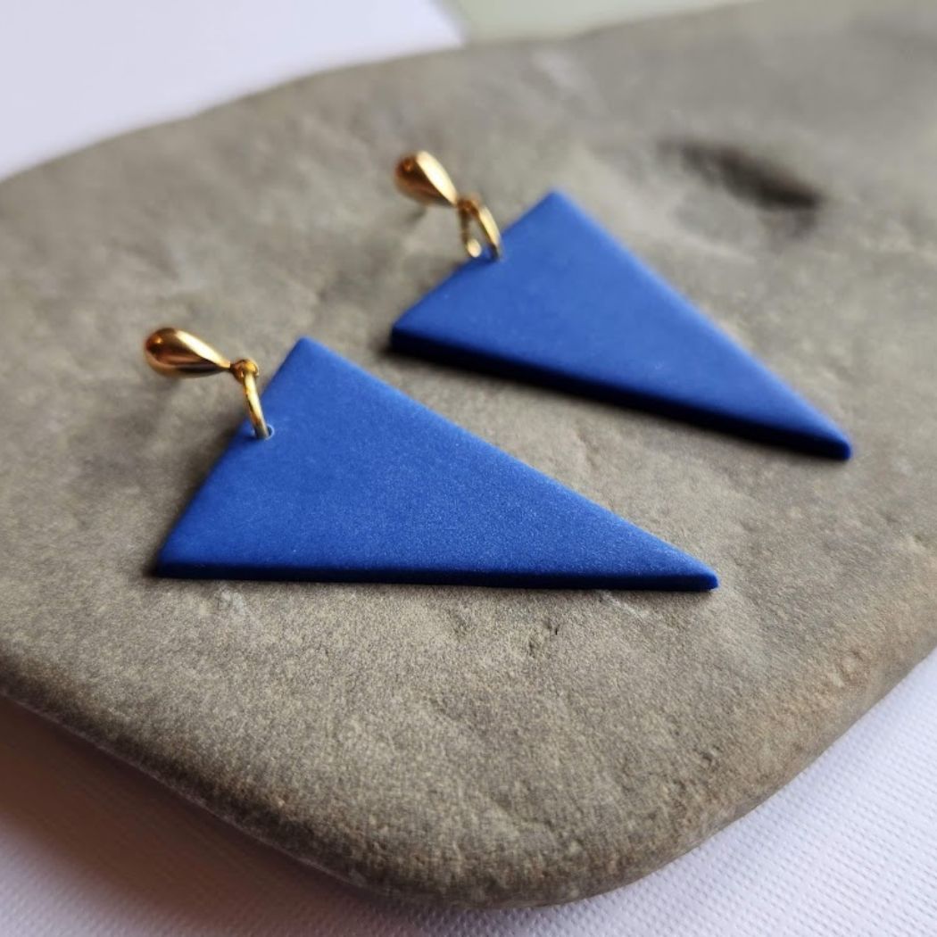Blue Triangular Polymer Clay Dangle Earrings