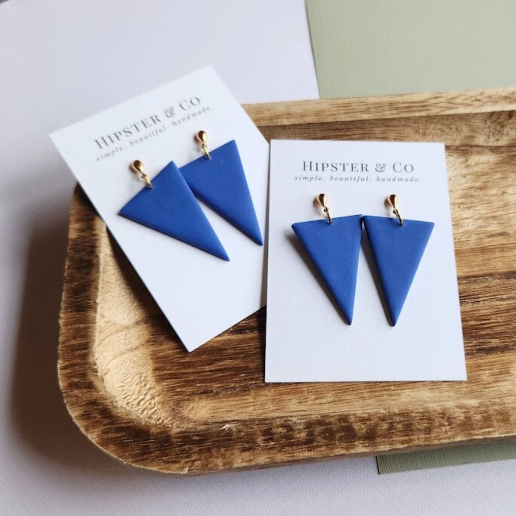 Blue Triangular Polymer Clay Dangle Earrings