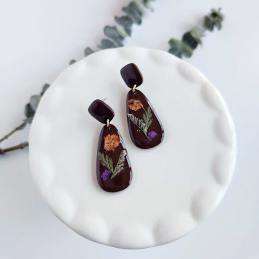 Chocolate Brown Teardrop Floral Polymer Clay Earrings