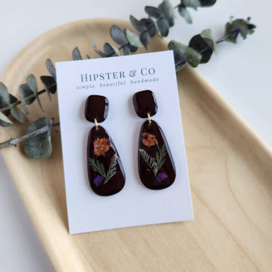 Chocolate Brown Teardrop Floral Polymer Clay Earrings