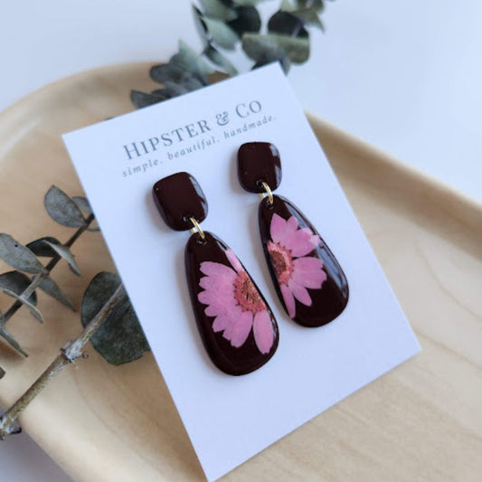 Chocolate Brown Teardrop Floral Polymer Clay Earrings