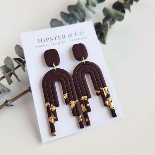 Brown and Gold Polymer Clay Dangle Earrings