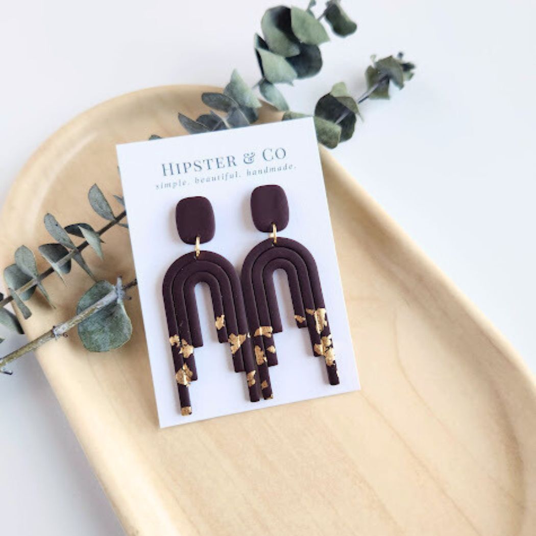 Brown and Gold Polymer Clay Dangle Earrings