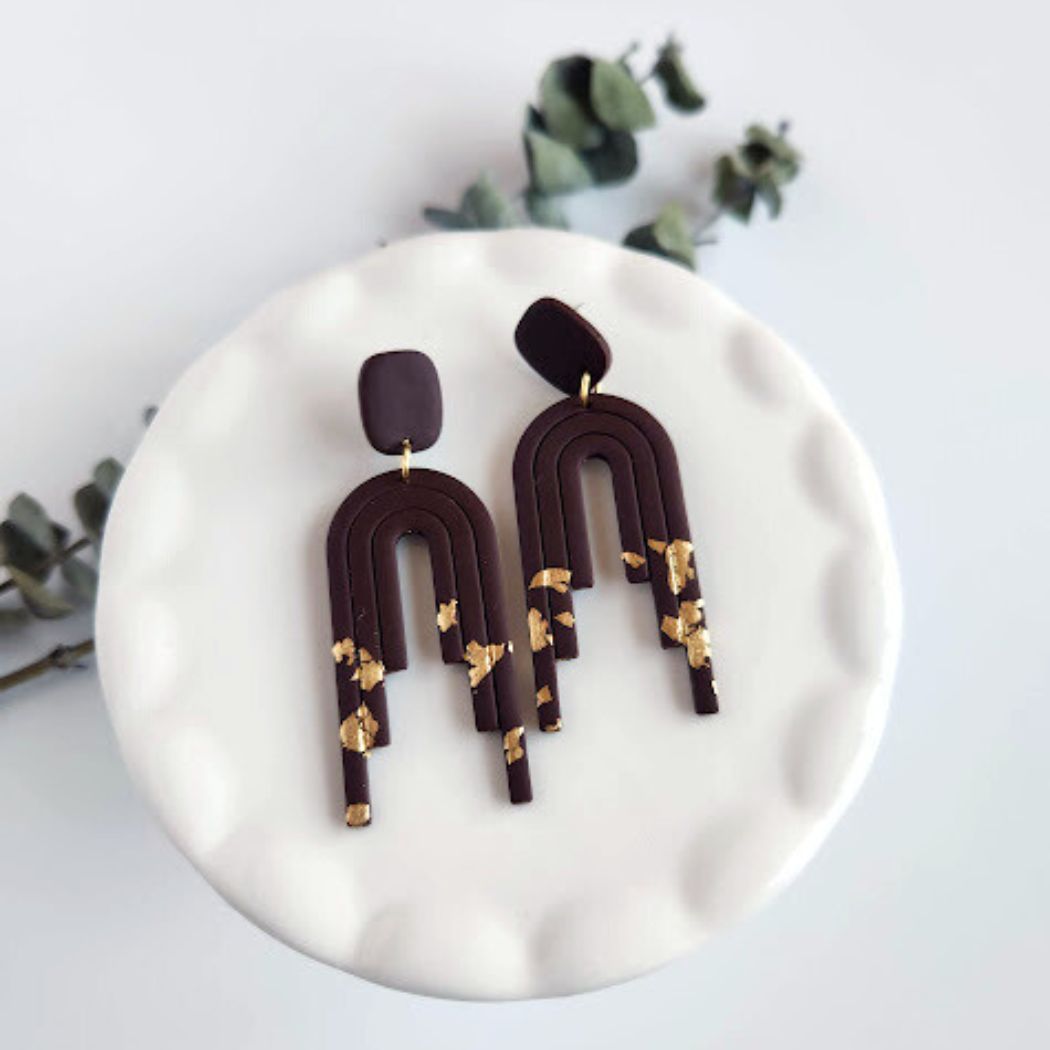 Brown and Gold Polymer Clay Dangle Earrings