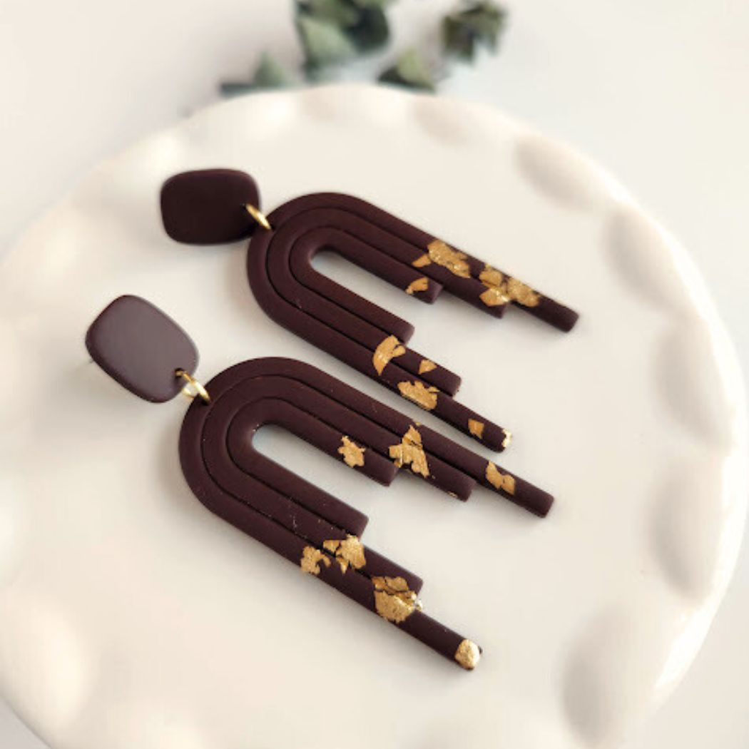 Brown and Gold Polymer Clay Dangle Earrings