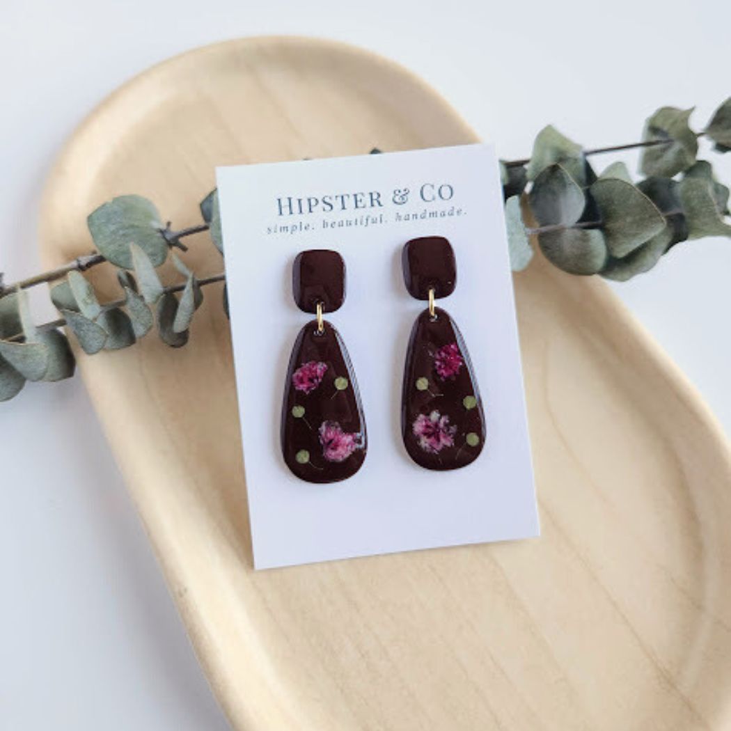 Chocolate Brown Teardrop Floral Polymer Clay Earrings