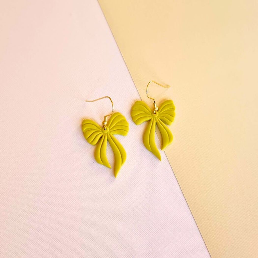 Citron Bow Polymer Clay Dangle Earrings