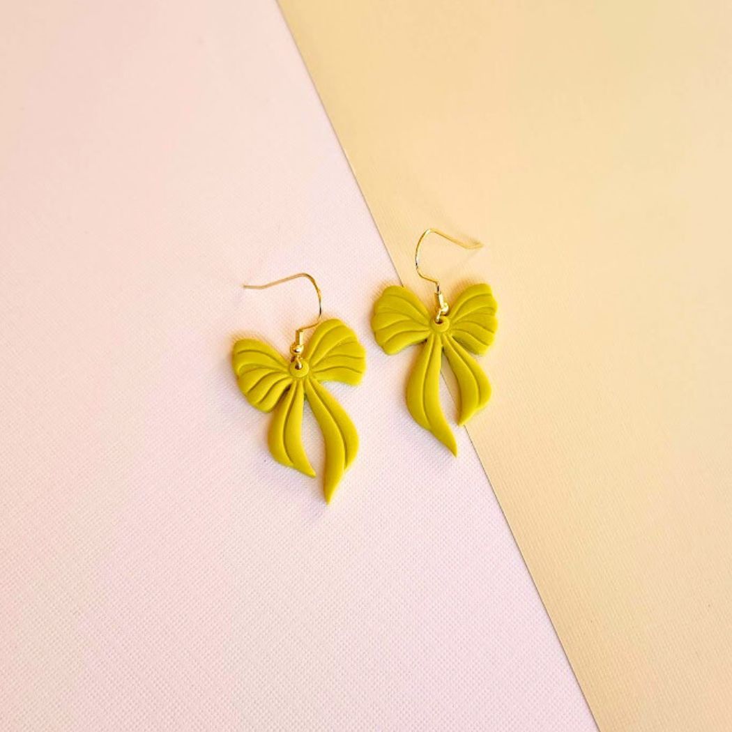 Citron Bow Polymer Clay Dangle Earrings
