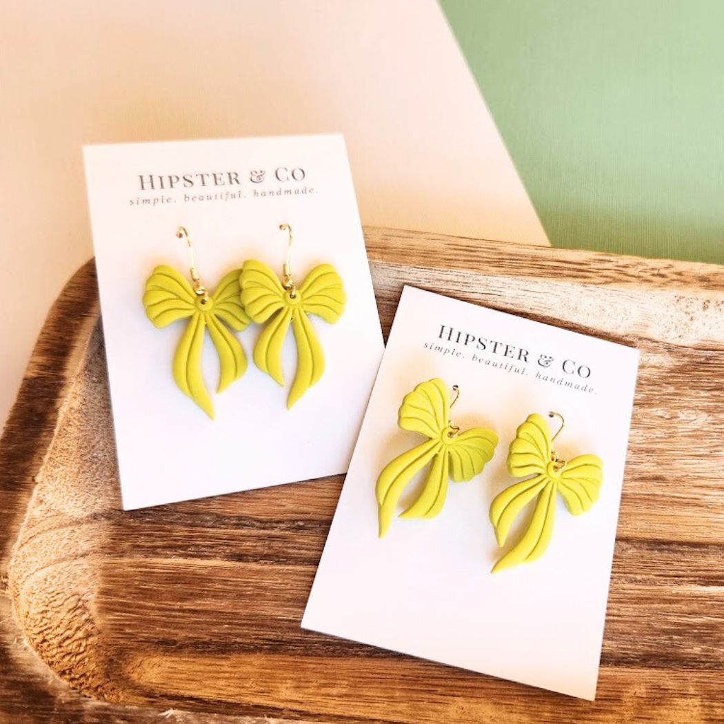 Citron Bow Polymer Clay Dangle Earrings