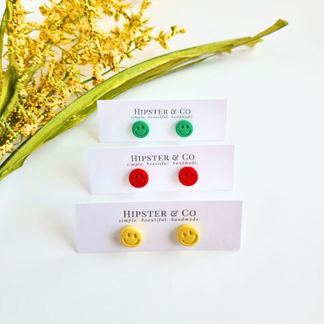 Green Happy Face Polymer Clay Stud Earrings