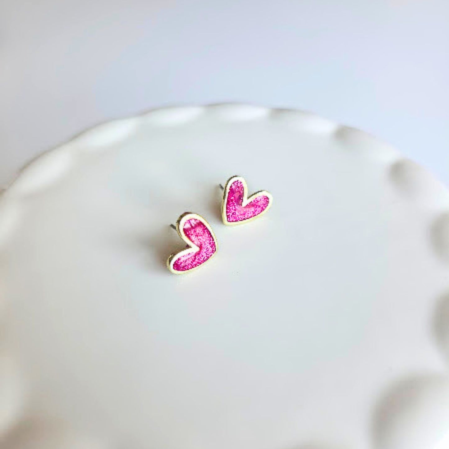 Pink Glitter Polymer Clay and Brass Heart Stud Earrings
