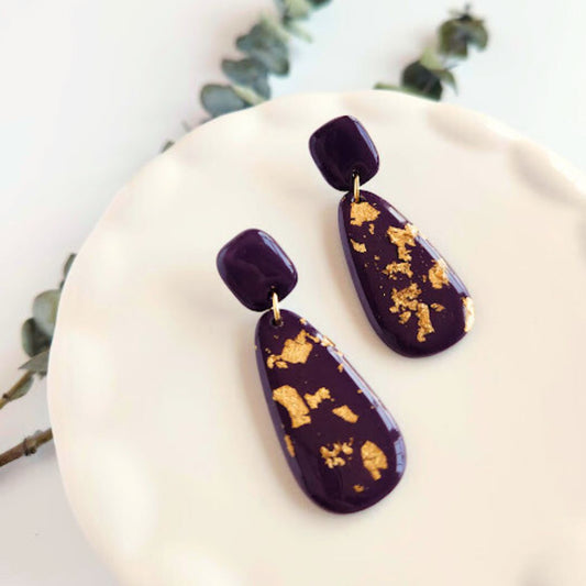 Eggplant and Gold Polymer Clay Drop Earrings