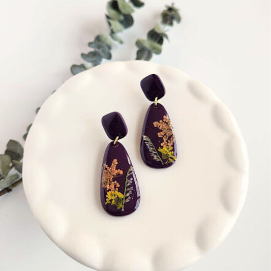 Eggplant Purple Teardrop Floral Polymer Clay Earrings