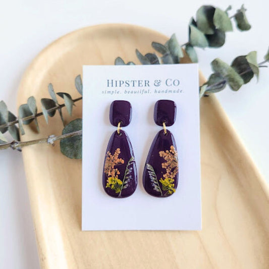 Eggplant Purple Teardrop Floral Polymer Clay Earrings