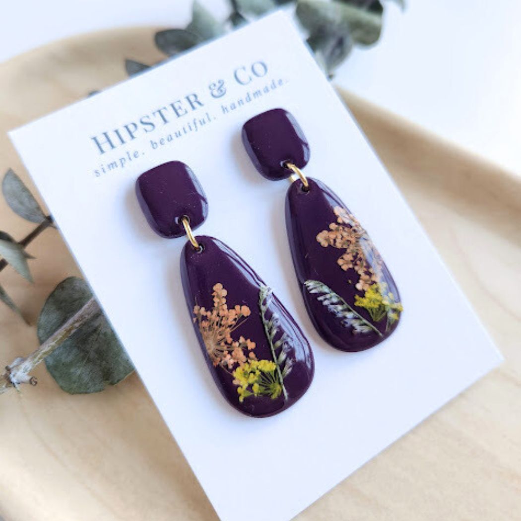 Eggplant Purple Teardrop Floral Polymer Clay Earrings
