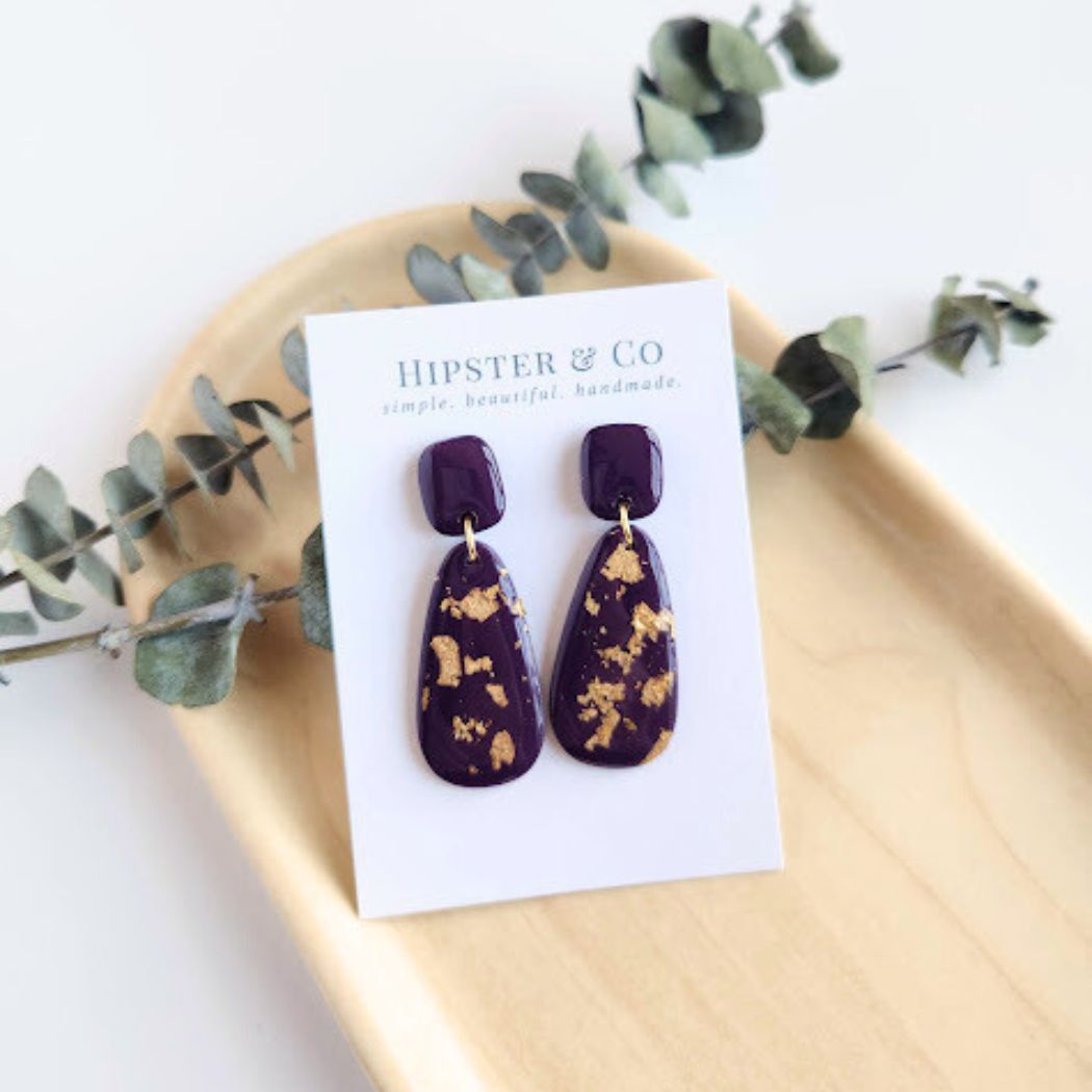 Eggplant and Gold Polymer Clay Drop Earrings