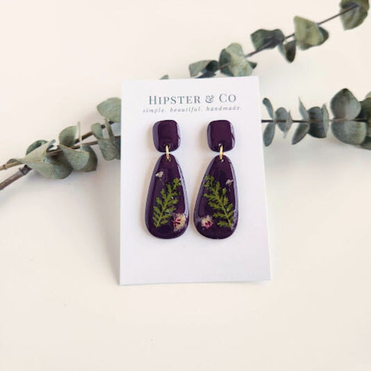 Eggplant Purple Teardrop Floral Polymer Clay Earrings