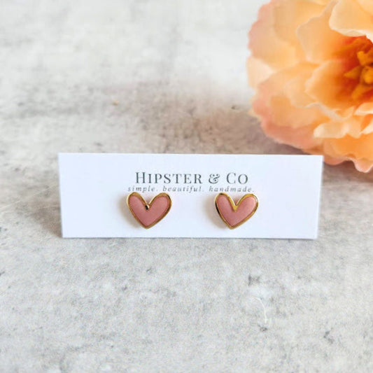 Light Pink Polymer Clay and Brass Heart Stud Earrings