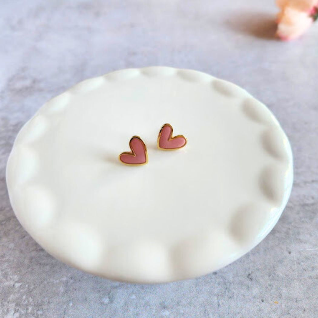 Light Pink Polymer Clay and Brass Heart Stud Earrings
