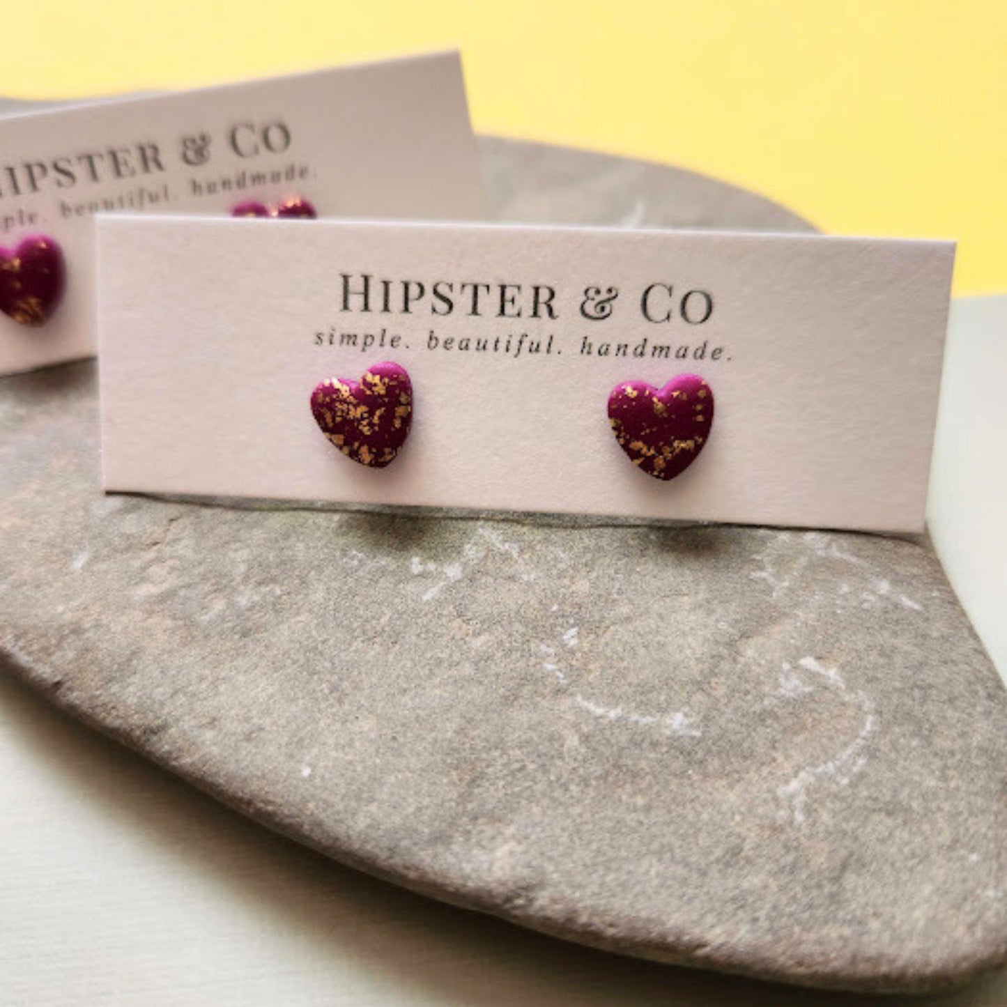 The Brielle Heart Shaped Fuchsia and Gold Polymer Clay Stud Earrings
