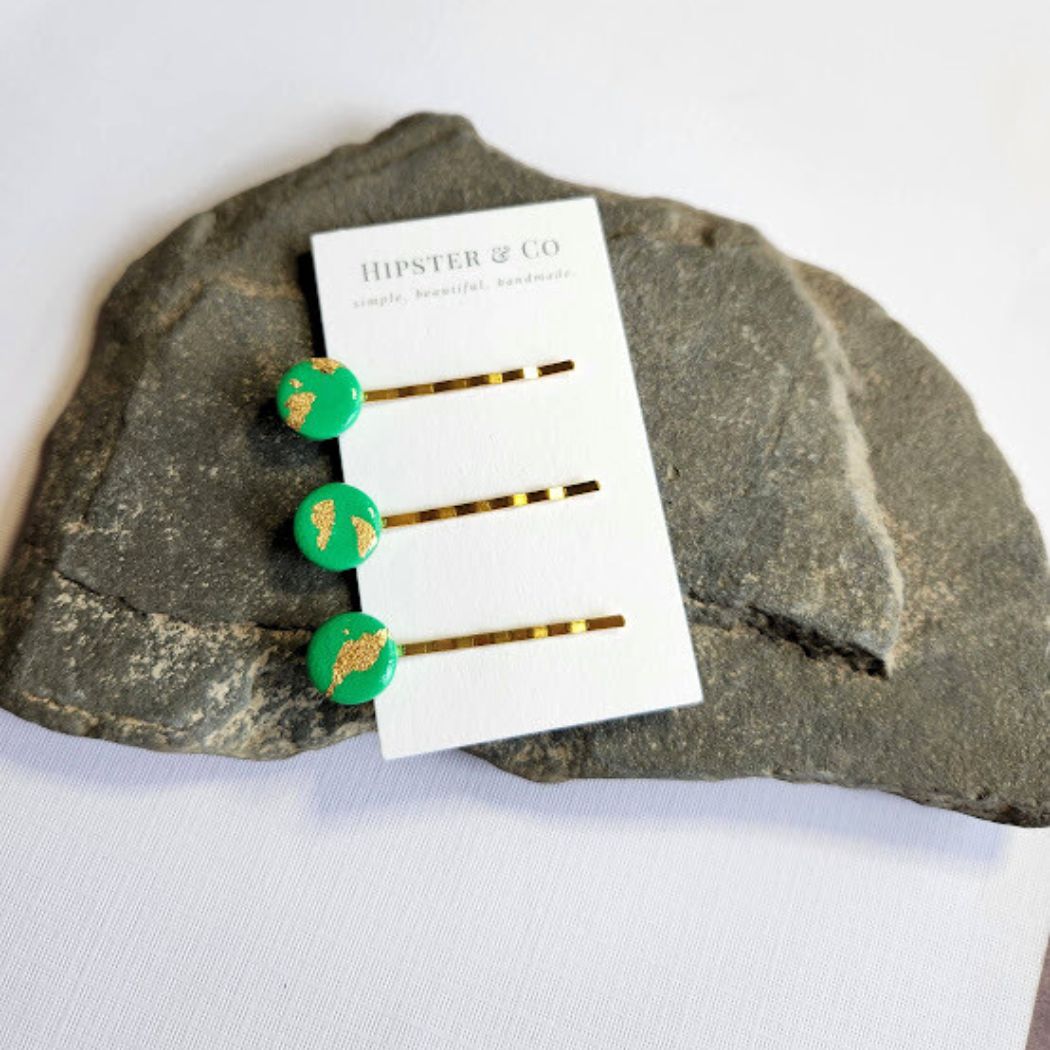 Green and Gold Hair Pin Set - Decorative Hair Accessory