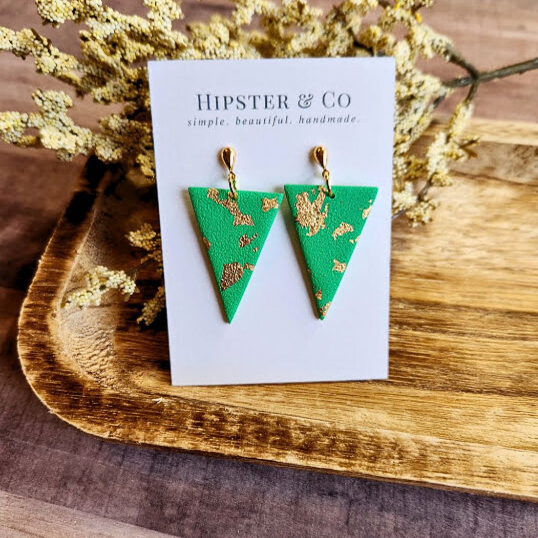 Green and Gold Triangle Polymer Clay Earrings