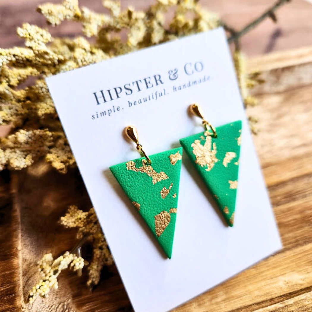 Green and Gold Triangle Polymer Clay Earrings