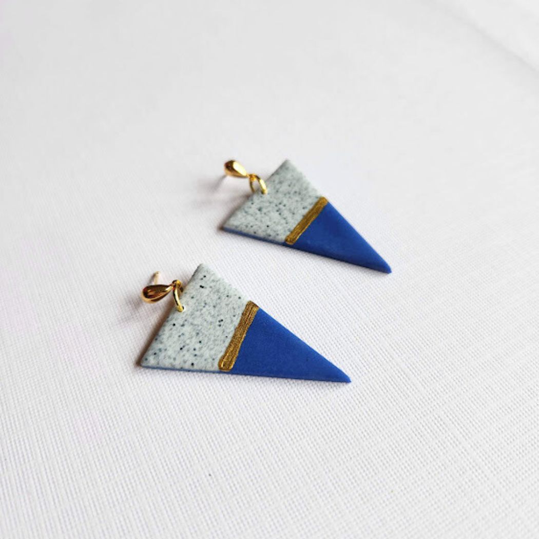 Blue and Gray Granite Triangular Polymer Clay Dangle Earrings