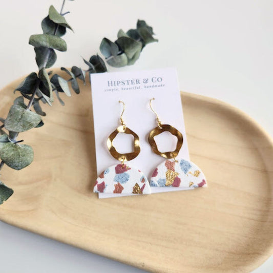 White, Pink, and Gold Handmade Polymer Clay Geometric Earrings
