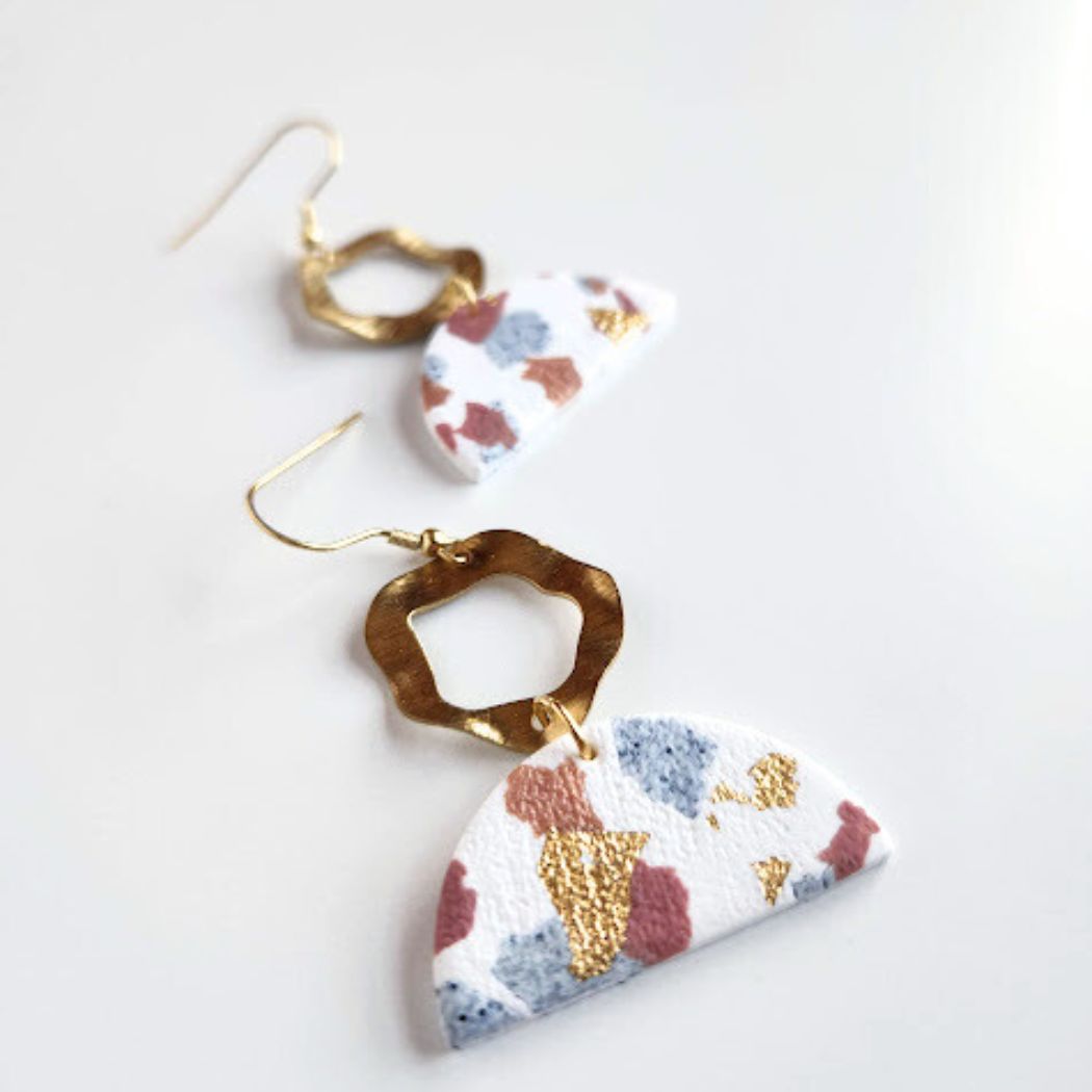 White, Pink, and Gold Handmade Polymer Clay Geometric Earrings