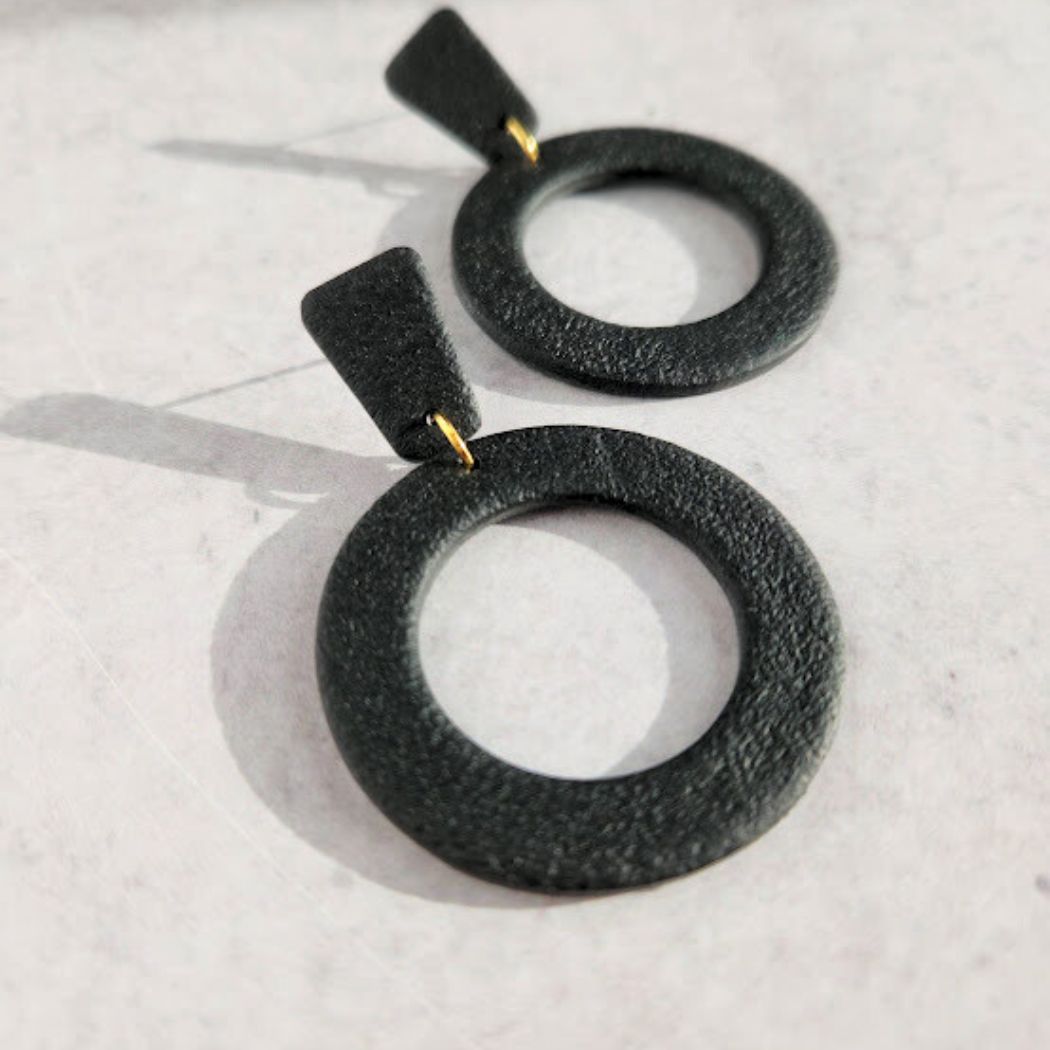 Black Geometric Clip-on Polymer Clay Dangle Earrings