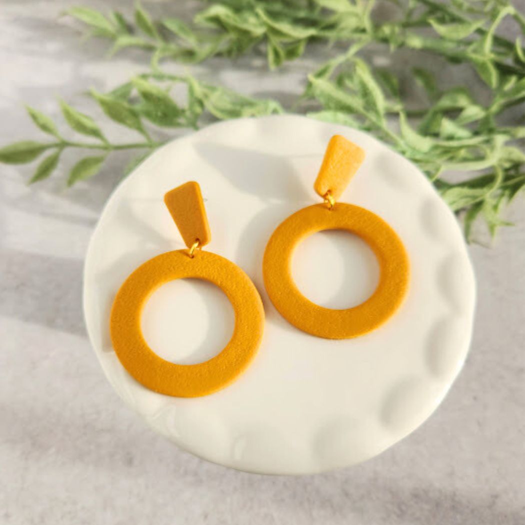 Mustard Yellow Geometric Clip-on Polymer Clay Dangle Earrings