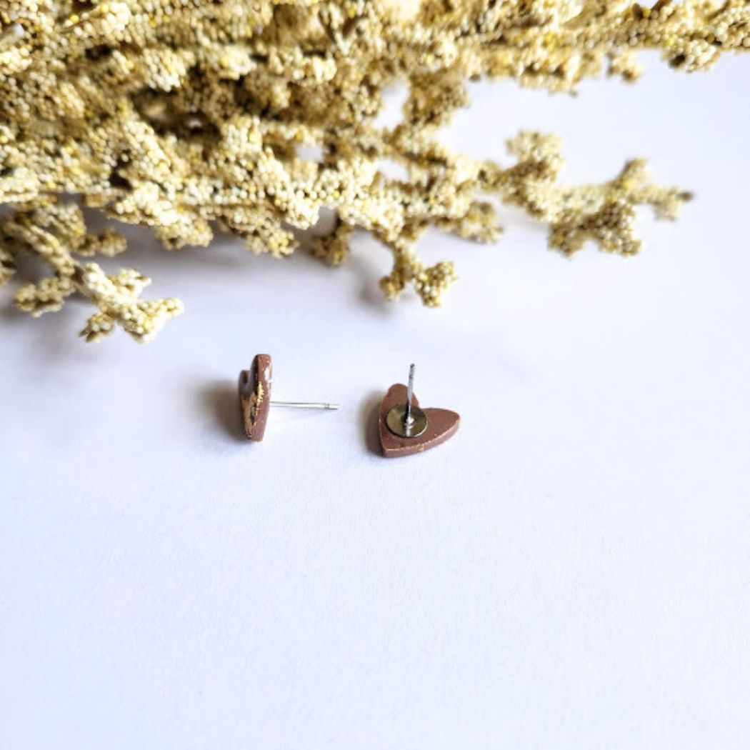Taupe and Gold Heart Stud Earrings