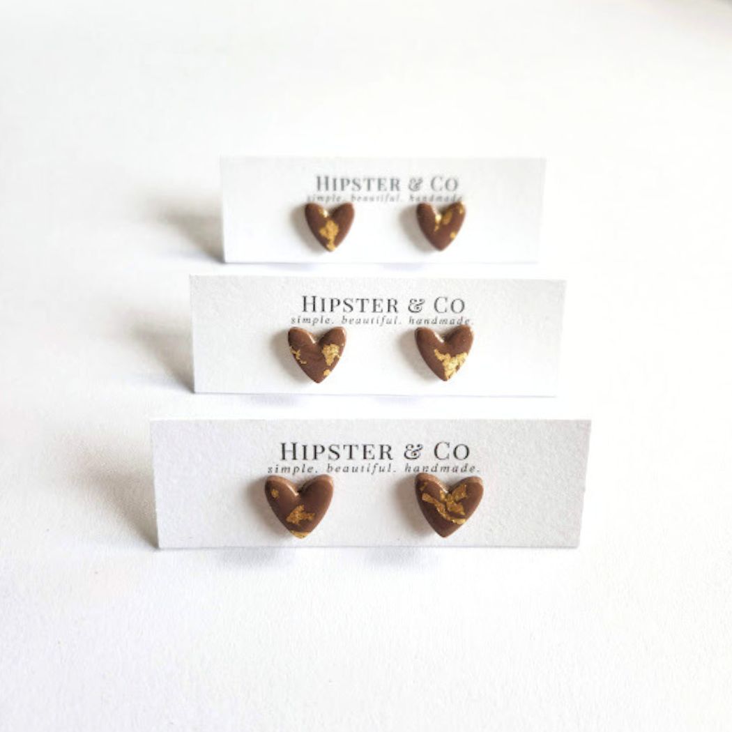 Taupe and Gold Heart Stud Earrings