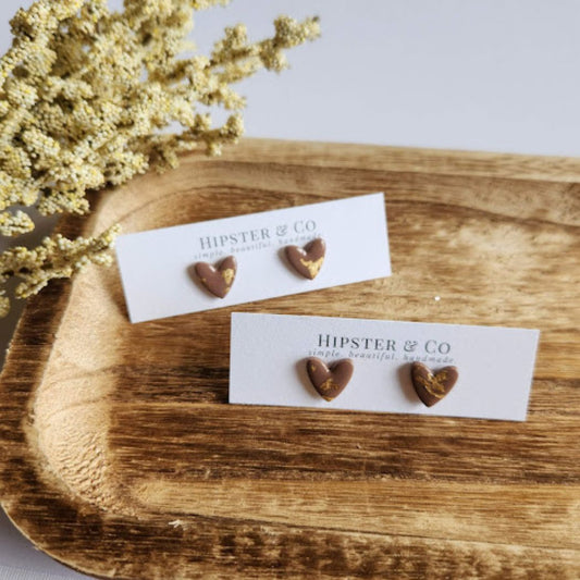 Taupe and Gold Heart Stud Earrings