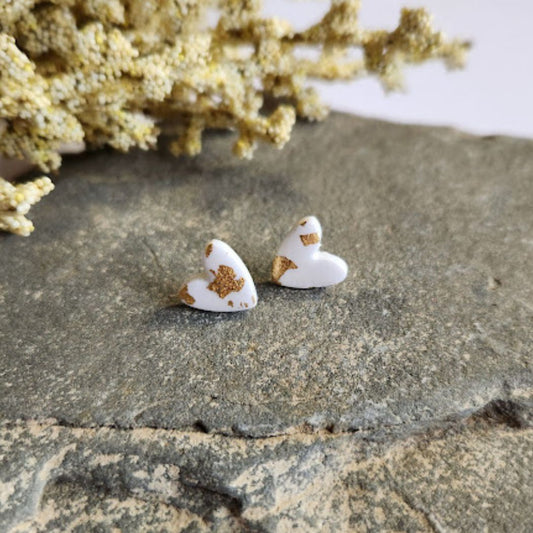 White and Gold Heart Stud Earrings