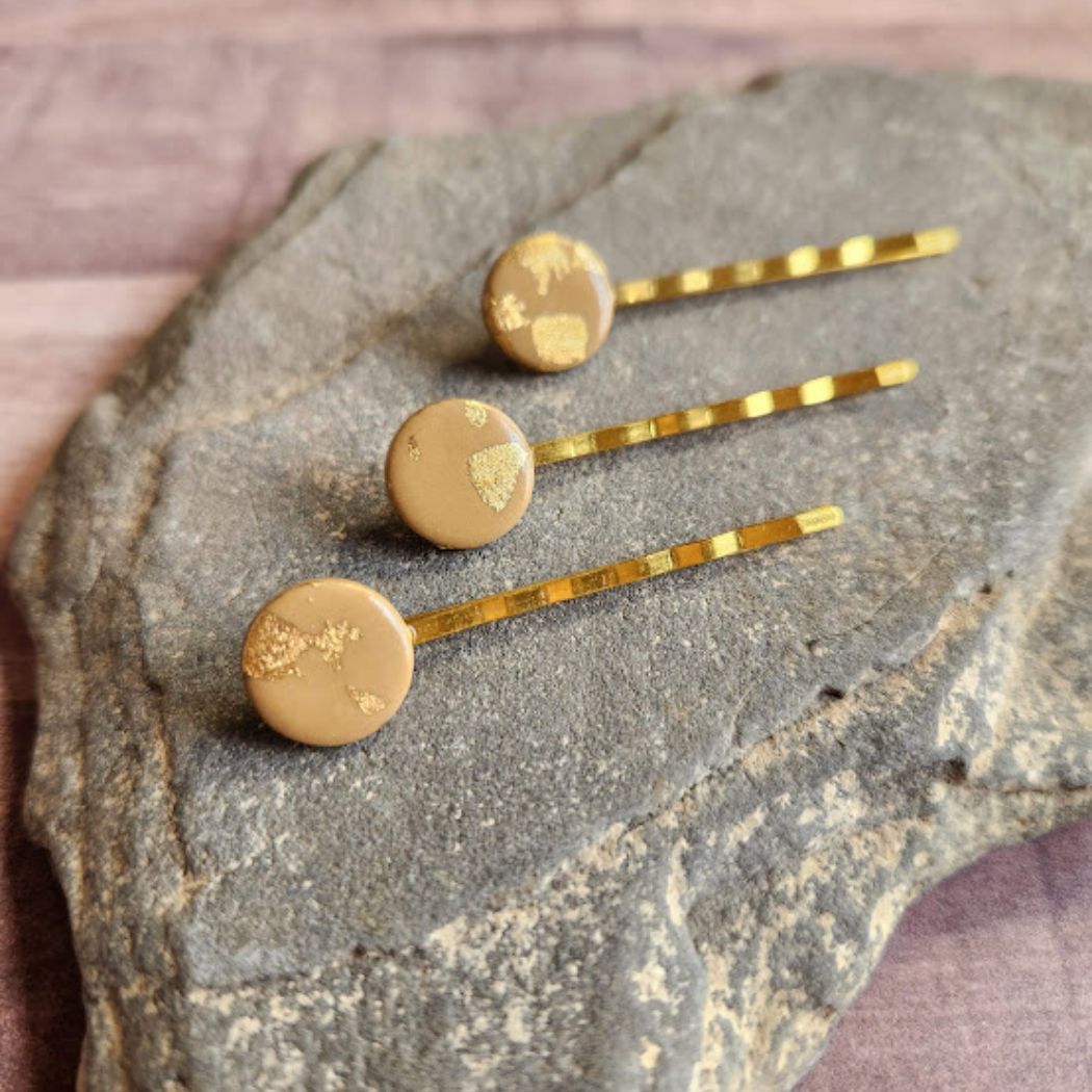 Taupe and Gold Hair Pin Set - Decorative Hair Accessory