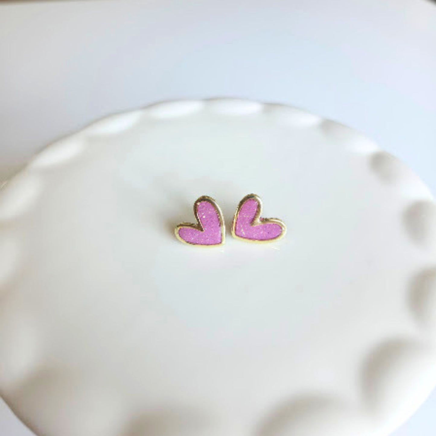 Lavender Glitter Polymer Clay and Brass Heart Stud Earrings