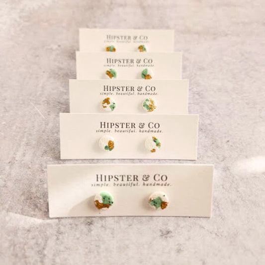 White and Green Mini Round Stud Earrings