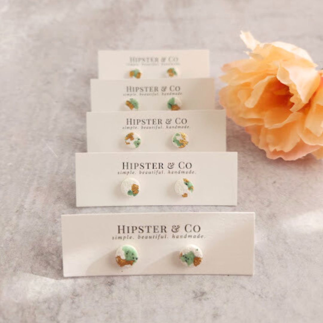 White and Green Mini Round Stud Earrings