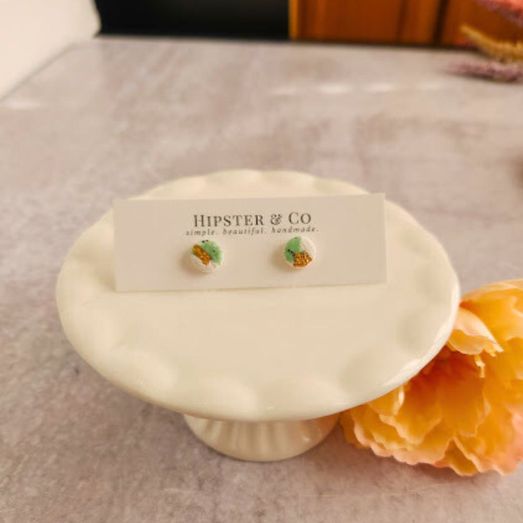 White and Green Mini Round Stud Earrings