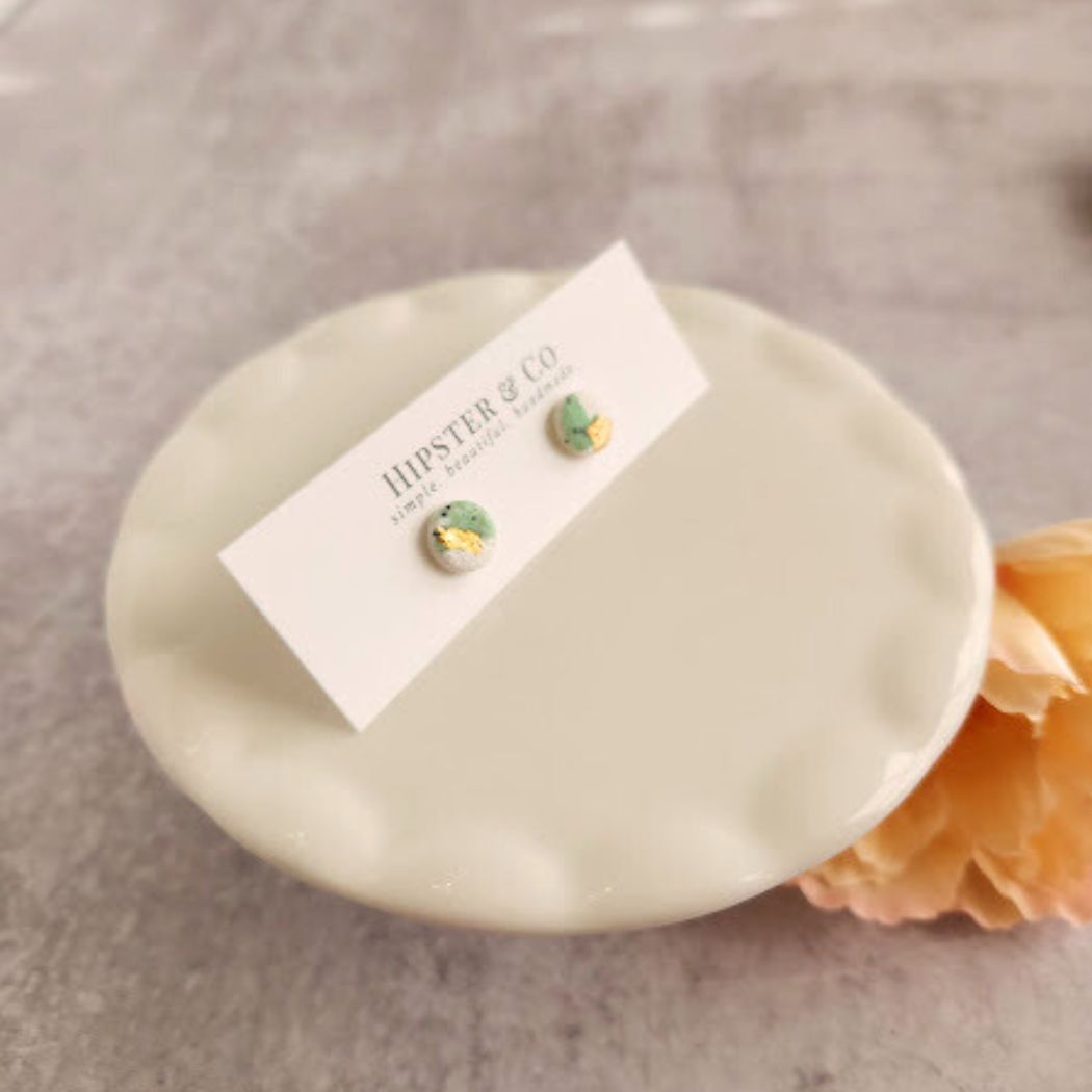 White and Green Mini Round Stud Earrings