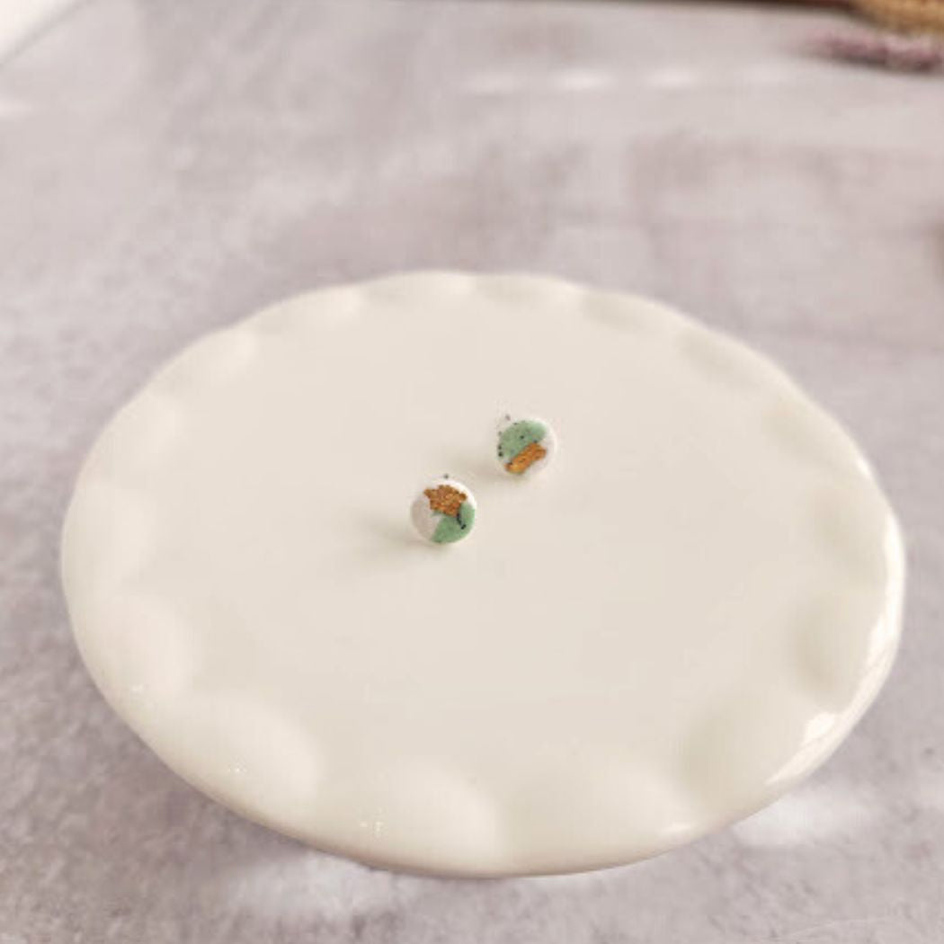 White and Green Mini Round Stud Earrings