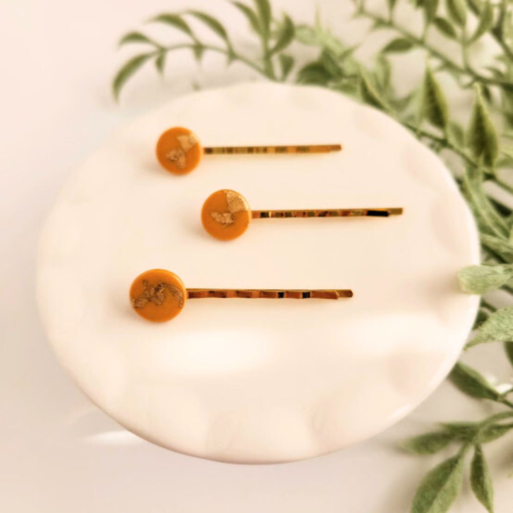 Mustard Yellow and Gold Hair Pin Set - Decorative Hair Accessory