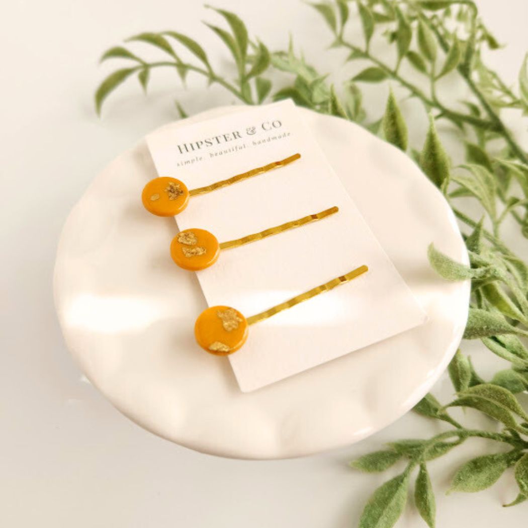 Mustard Yellow and Gold Hair Pin Set - Decorative Hair Accessory
