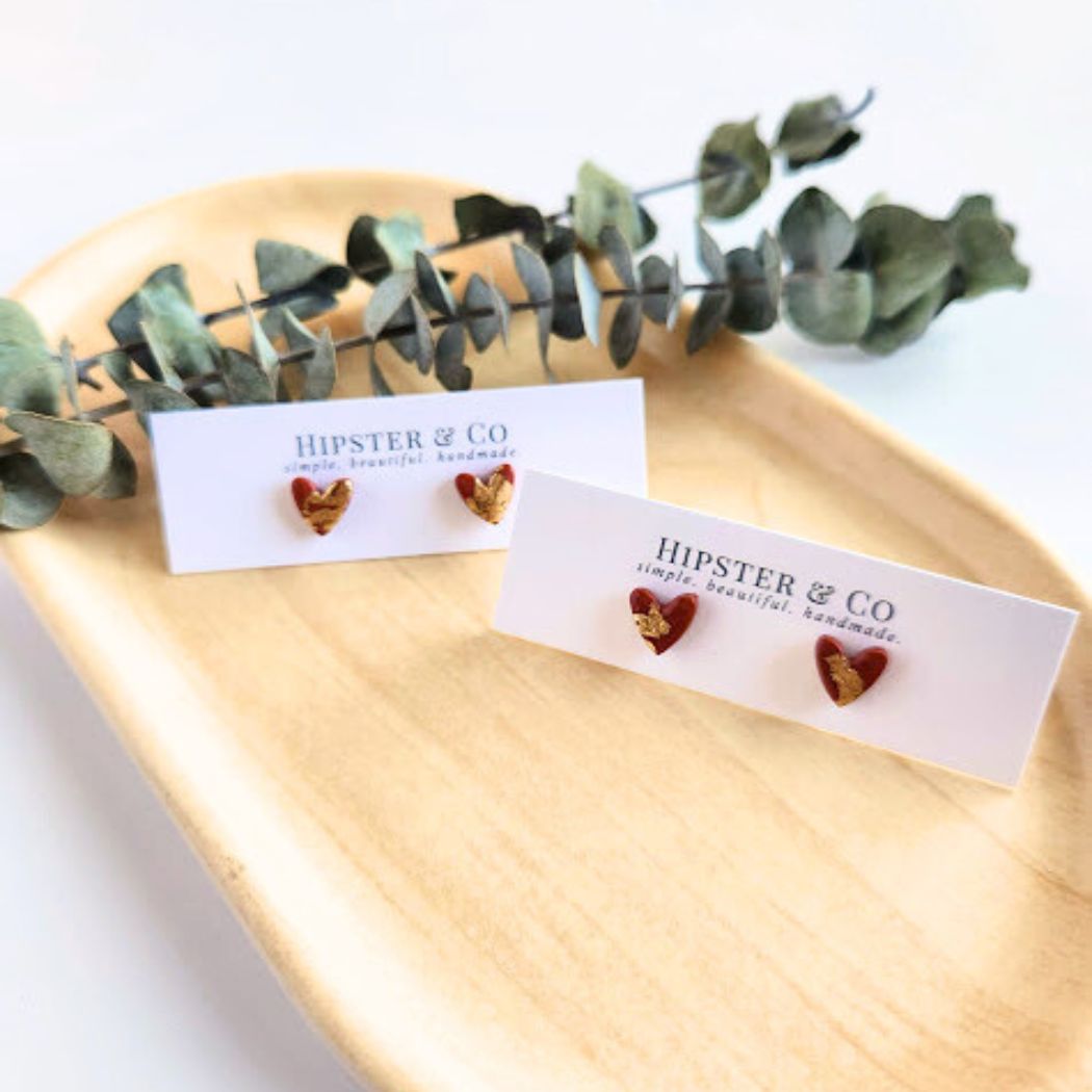 Burnt Orange and Gold Heart Stud Earrings