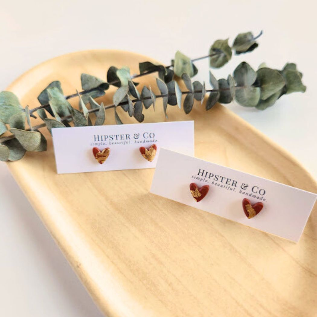 Burnt Orange and Gold Heart Stud Earrings