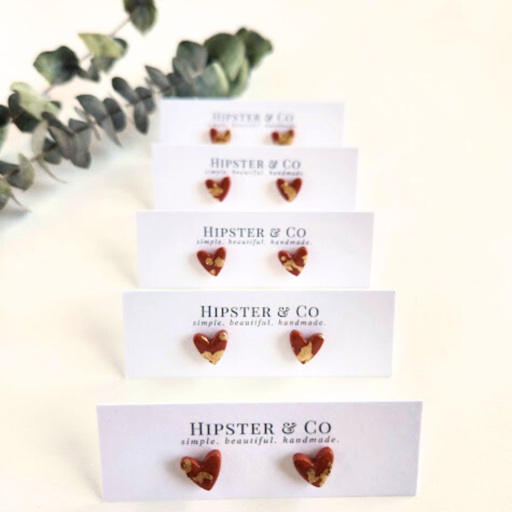 Burnt Orange and Gold Heart Stud Earrings